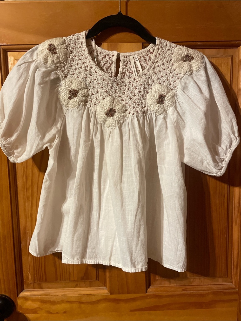 Anthropologie Cream Crochet Yoke Puff Sleeve Tunic